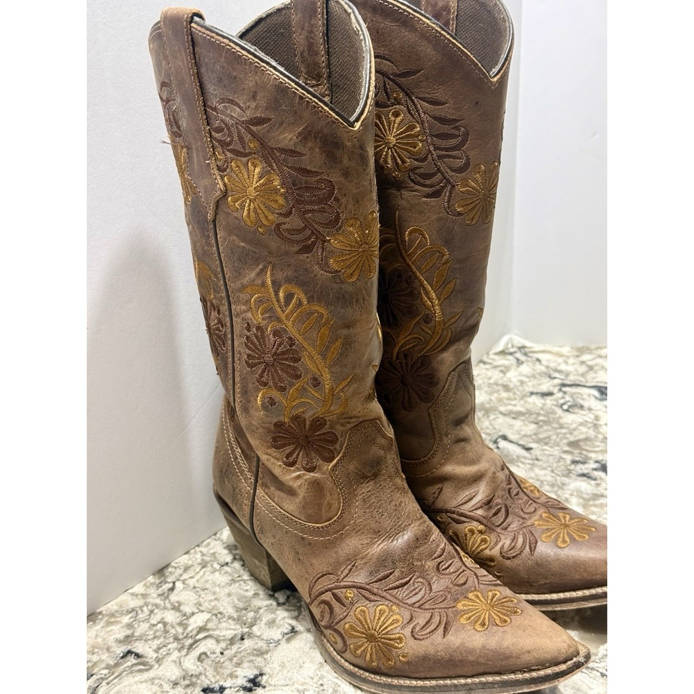 Abilene Brown Vintage Leather Sz 7.5 Floral Embroidered Boots 13" Rise Western